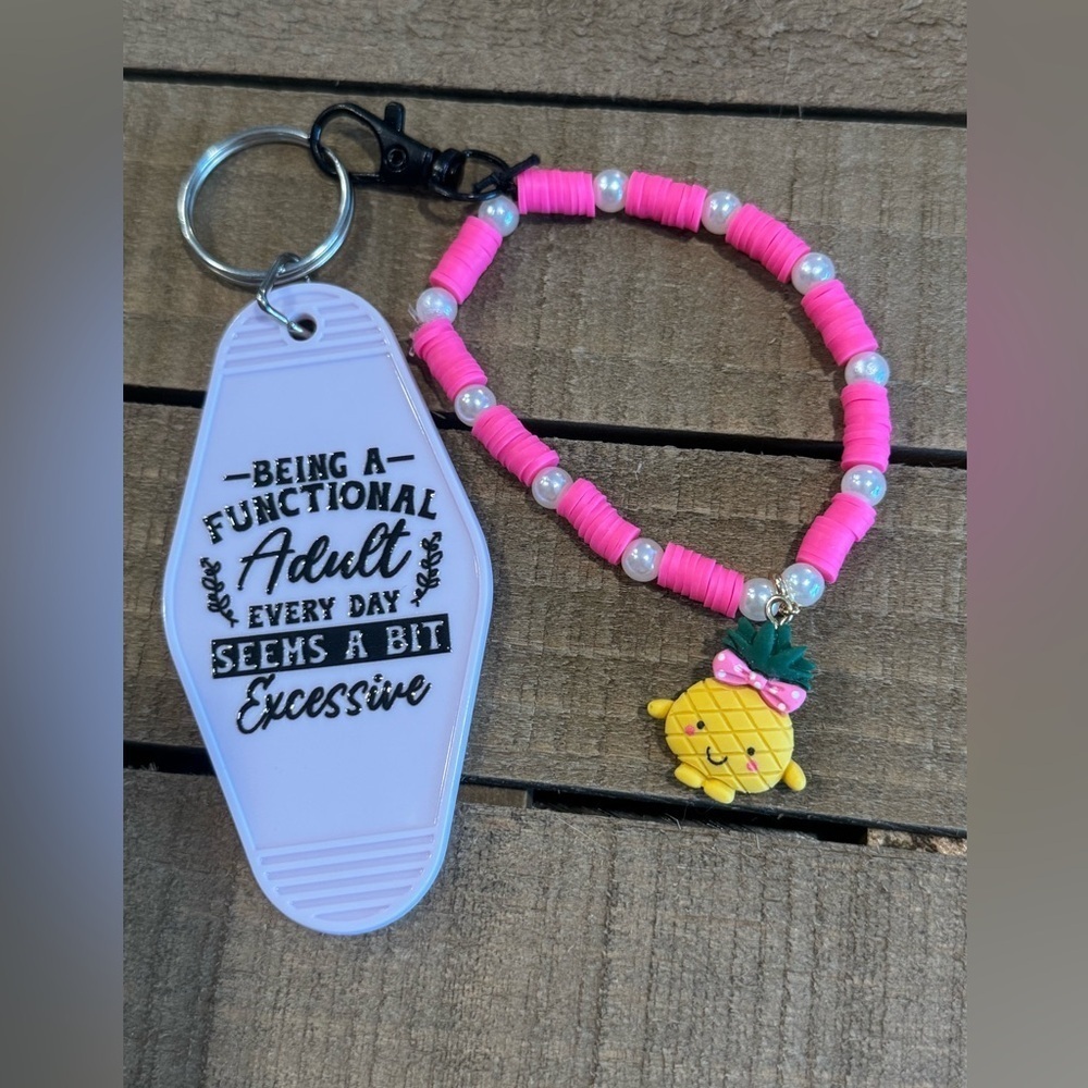 Pink Beaded Pineapple Keychain with Fun Quote Tag